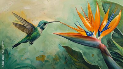Papier peint  Flying Hummingbird at a Strelitzia flower