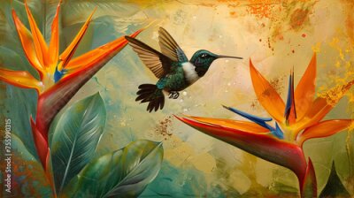Papier peint  Flying Hummingbird at a Strelitzia flower