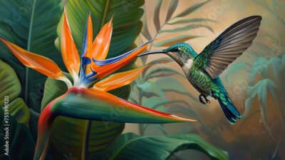 Papier peint  Flying Hummingbird at a Strelitzia flower
