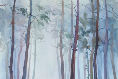 Foggy, forêt, aquarelle, fond