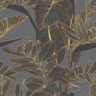 Papier peint  Foliage seamless pattern, strelitzia plant, Solomon's seal (Polygonatum multiflorum) branch leaves line art ink drawing in golden line.