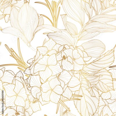 Papier peint  Foliage seamless pattern, strelitzia plant, Solomon's seal (Polygonatum multiflorum) branch leaves line art ink drawing in golden line.