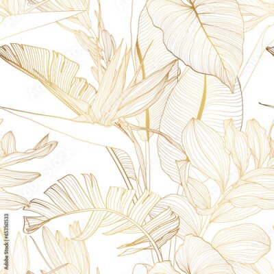 Papier peint  Foliage seamless pattern, strelitzia plant, Solomon's seal (Polygonatum multiflorum) branch leaves line art ink drawing in golden line.