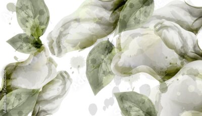 Papier peint  Fond aquarelle bouquet de fleurs blanches de printemps vecteur. Roses, pivoines et délicates fleurs épanouies. Carte d'invitation, cérémonie de mariage, carte postale délicate, salutations de la journ