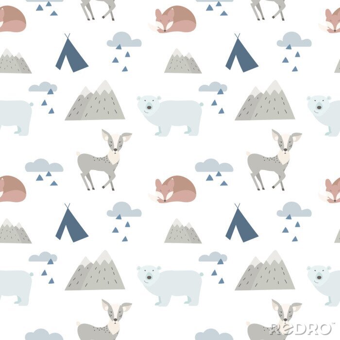Papier peint  Fond d'animaux de forêt sans couture avec des cerfs mignons, des ours et du renard. Style de dessin animé.