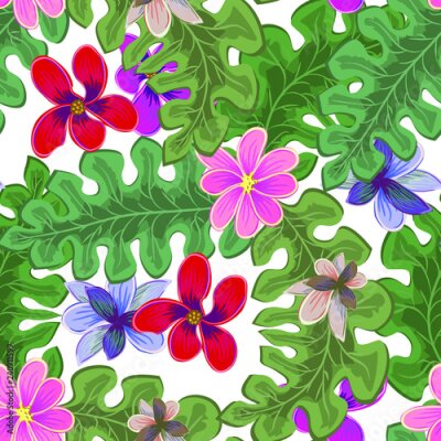 Papier peint  Fond d'écran joyeux plage transparente de tropical vert foncé feuilles de palmiers et de fleurs oiseau de paradis (strelitzia) plumeria sur fond clair