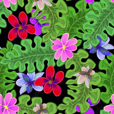 Papier peint  Fond d'écran joyeux plage transparente de tropical vert foncé feuilles de palmiers et de fleurs oiseau de paradis (strelitzia) plumeria sur fond clair