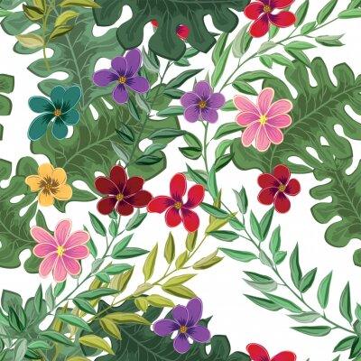 Papier peint  Fond d'écran joyeux plage transparente de tropical vert foncé feuilles de palmiers et de fleurs oiseau de paradis (strelitzia) plumeria sur fond clair