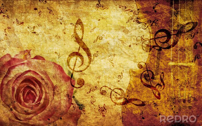 Papier peint  Fond de cru avec rose et des notes