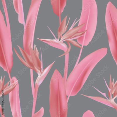 Papier peint  Fond gris, feuilles roses et textile d'ornement de fleur. Modèle vectorielle continue de fleurs tropicales d'Afrique du Sud. Strelitzia Reginae, plante de la jungle, est également connue sous le nom d