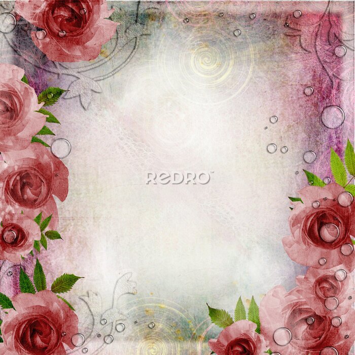Papier peint  Fond rose et vert cru avec des roses (1 jeu)