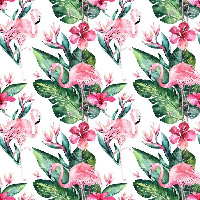 Papier peint  Fond tropical tropical floral sans couture avec des feuilles de palmier tropical, oiseau flamant rose, hibiscus exotique. Parfait pour les papiers peints de la jungle, le design textile de mode, l'imp