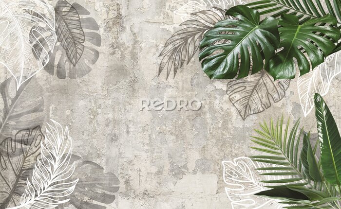Papier peint  Fond vieilli avec des feuilles tropicales
