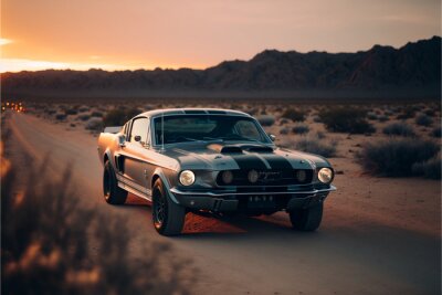 Papier peint  Ford Mustang Shelby GT500, American Muscle Car, in the desert at sunset