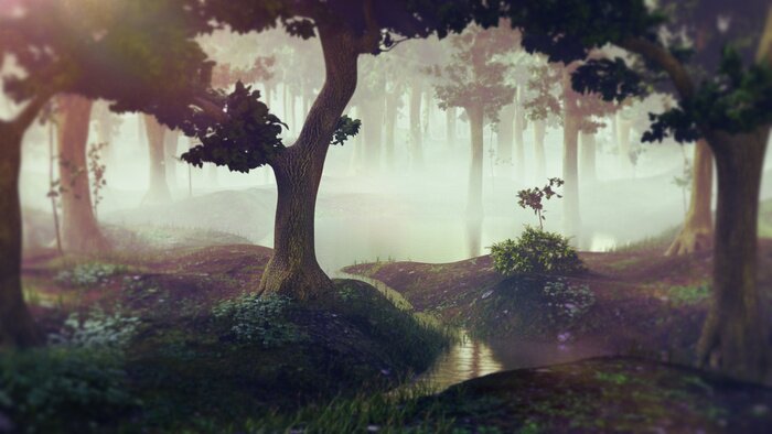 Papier peint  Forêt brumeuse fantastique avec une rivière