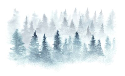 Forêt d'hiver dans un brouillard peint à l'aquarelle.
