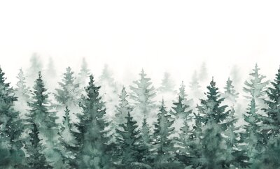 Papier peint  Forêt de conifères en aquarelle sur fond blanc