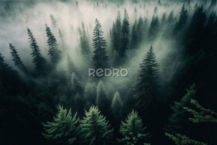 Papier peint  Forêt de conifères vert foncé vue d'en haut