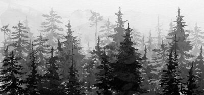 Papier peint  Forêt de montagne en aquarelle noir et blanc