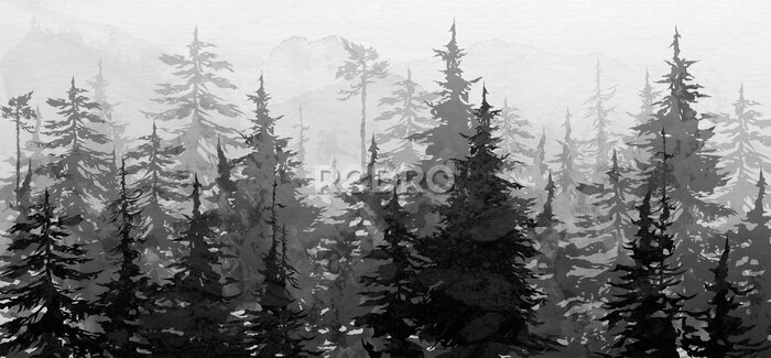 Papier peint  Forêt de montagne en aquarelle noir et blanc