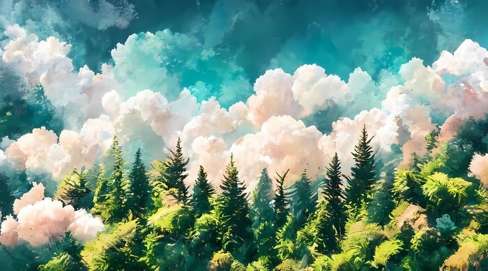 Papier peint  Forêt dense ensoleillée enveloppée de brouillard