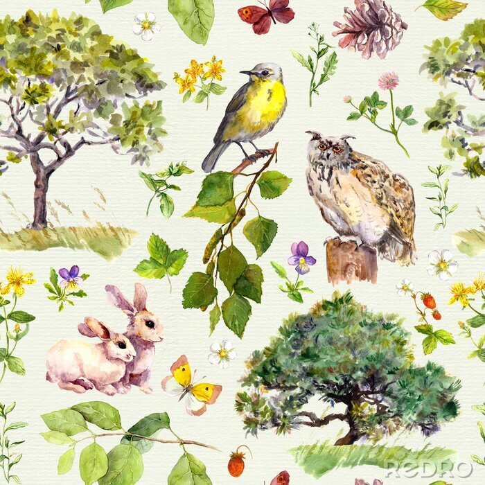 Papier peint  Forêt et parc: oiseau, animal de lapin, arbre, feuilles, fleurs, herbe. Motif sans couture. Aquarelle