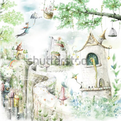 Papier peint  Forêt fantastique et personnages magiques