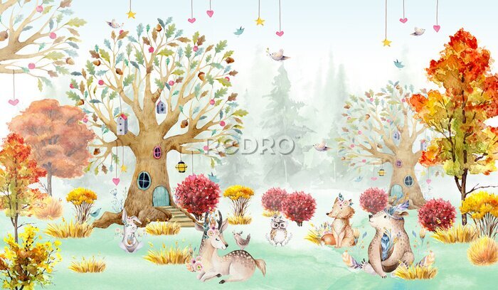 Papier peint  Forêt féerique avec animaux sauvages