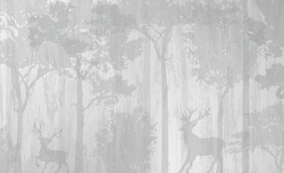 Papier peint  Forêt grise avec des cerfs et des arbres