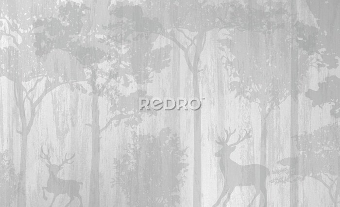 Papier peint  Forêt grise avec des cerfs et des arbres