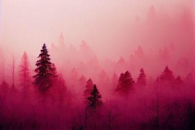 Papier peint  Forêt rose dans le brouillard