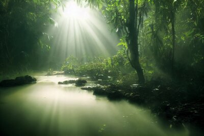 Papier peint  Forêt vert foncé dans les rayons du soleil