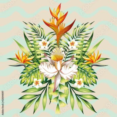Papier peint  Forme papier peint miroir composition de fleurs tropicales frangipani, lotus, oiseau de paradis, Strelitzia, feuilles de bananes et de plantes sur le fond de la couleur grise ondulée de menthe