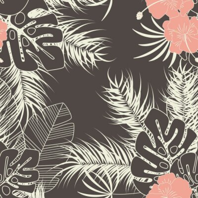 Forme tropicale sans soudure d'été avec des feuilles de palmier de monstera, des plantes et des fleurs sur fond brun