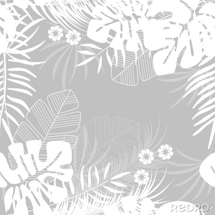 Papier peint  Forme tropicale sans soudure d'été avec des feuilles de palmier de monstera et des plantes sur fond gris