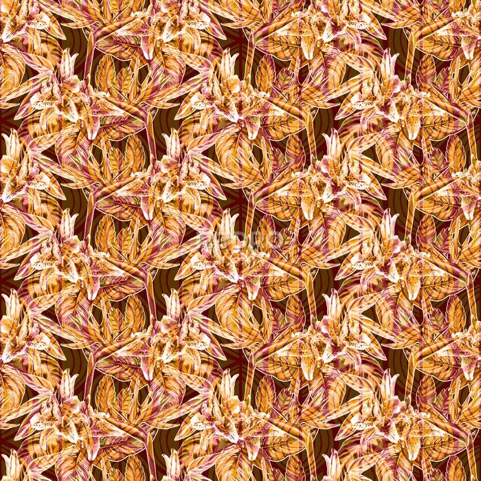 Papier peint  Forme tropicale transparente. Aquarelle peinte à la main des plantes exotiques: des fleurs de strelitzia et de bromélie, des lys roses, des feuilles de calathea sur un fond géométrique tribal, des ton