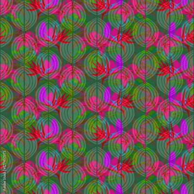 Papier peint  Forme tropicale transparente. Des plantes exotiques aquarellées peintes à la main: des fleurs de strelitzia et de broméline, des lys roses, des feuilles de calathea sur un fond géométrique tribal, des