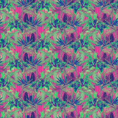 Papier peint  Forme tropicale transparente. Plantes exotiques aquarelles peintes à la main: fleurs de strelitzia et de broméline, lys roses, feuilles de calathea sur fond géométrique tribal, effet inversé. Concepti