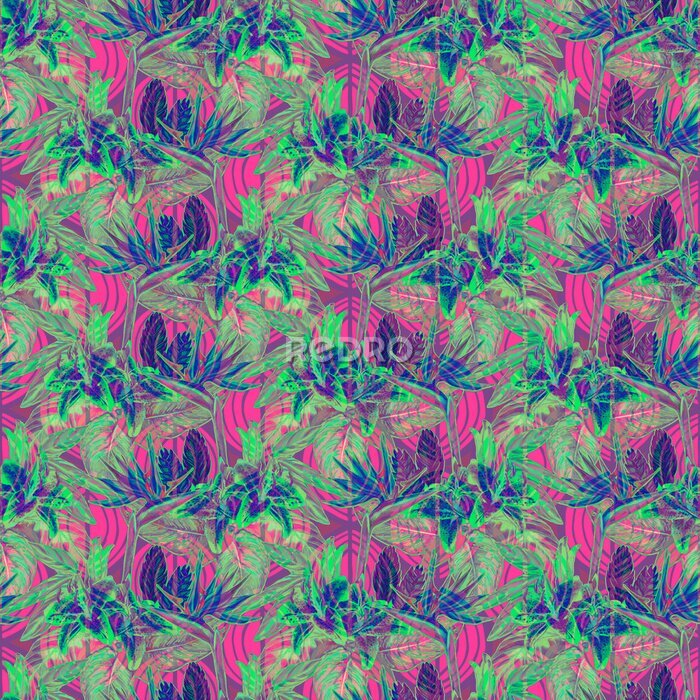 Papier peint  Forme tropicale transparente. Plantes exotiques aquarelles peintes à la main: fleurs de strelitzia et de broméline, lys roses, feuilles de calathea sur fond géométrique tribal, effet inversé. Concepti