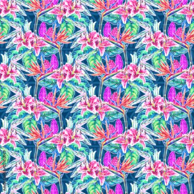 Papier peint  Forme tropicale transparente. Plantes exotiques aquarelles peintes à la main: fleurs de strelitzia et de broméline, lys roses, feuilles de calathea sur fond géométrique tribal, tons frais. Conception 
