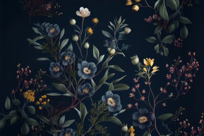 Papier peint  Fourrés de fleurs bleu marine