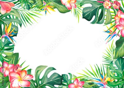 Papier peint  Frame made of palm leaves and plumeria and strelitzia.Tropical plants. Carnival in Brazil. Summer mood. Watercolor illustration. Banner.