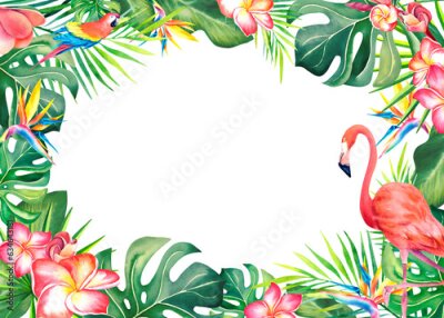 Papier peint  Frame made of palm leaves and plumeria and strelitzia.Tropical plants. Carnival in Brazil. Summer mood. Watercolor illustration. Banner.