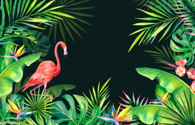 Papier peint  Frame made of palm leaves, banana branches, strelitzia, flamingos.Tropical plants and birds. Watercolor illustration. Carnival in Brazil. Rio de Janeiro. Summer mood. . Banner, template.