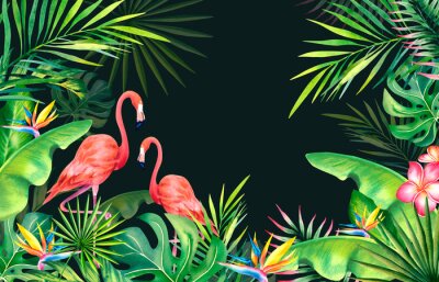 Papier peint  Frame made of palm leaves, banana branches, strelitzia, flamingos.Tropical plants and birds. Watercolor illustration. Carnival in Brazil. Rio de Janeiro. Summer mood. . Banner, template.