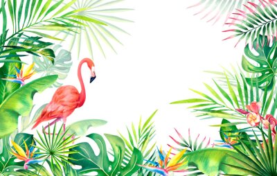 Papier peint  Frame made of palm leaves, banana branches, strelitzia, flamingos.Tropical plants and birds. Watercolor illustration. Carnival in Brazil. Rio de Janeiro. Summer mood. . Banner, template.