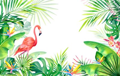 Papier peint  Frame made of palm leaves, banana branches, strelitzia, flamingos.Tropical plants and birds. Watercolor illustration. Carnival in Brazil. Rio de Janeiro. Summer mood. . Banner, template.