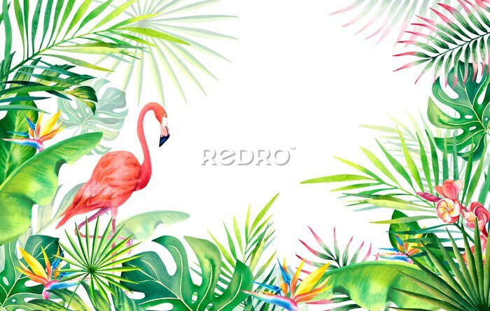 Papier peint  Frame made of palm leaves, banana branches, strelitzia, flamingos.Tropical plants and birds. Watercolor illustration. Carnival in Brazil. Rio de Janeiro. Summer mood. . Banner, template.