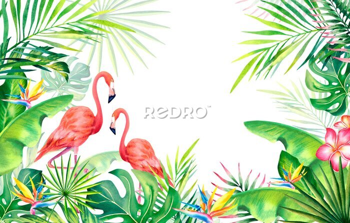 Papier peint  Frame made of palm leaves, banana branches, strelitzia, flamingos.Tropical plants and birds. Watercolor illustration. Carnival in Brazil. Rio de Janeiro. Summer mood. . Banner, template.
