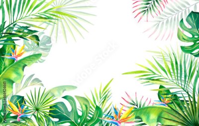 Papier peint  Frame made of palm leaves, banana branches, strelitzia. Tropical plants and birds. Watercolor illustration. Carnival in Brazil. Rio de Janeiro. Summer mood. Banner, template.